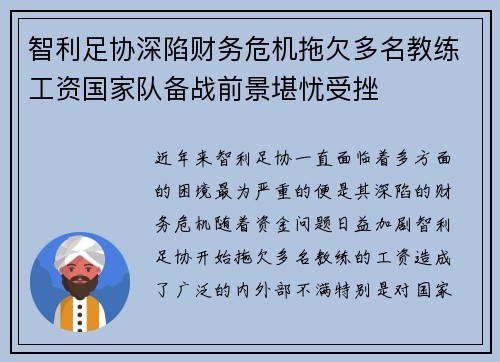 智利足协深陷财务危机拖欠多名教练工资国家队备战前景堪忧受挫